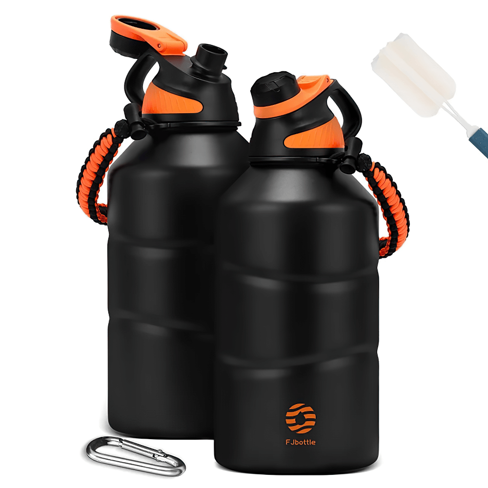 1.9L stainless steel thermos bottle with durable handle and secure lid, perfect for outdoor hydration, black and orange design, SF3075